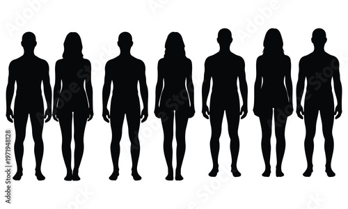 A diverse group of seven people, men and women in silhouette, standing together against a clean white background.