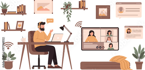 Remote Work Video Call Illustration with Home Office Setup, Online Meeting, Laptop Workspace and Digital Communication for Modern Lifestyle