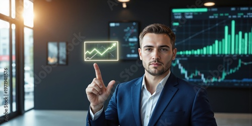 Strategic Market Leadership A businessman stands with a glowing market growth chart hovering beside him, symbolizing visionary leadership. The background