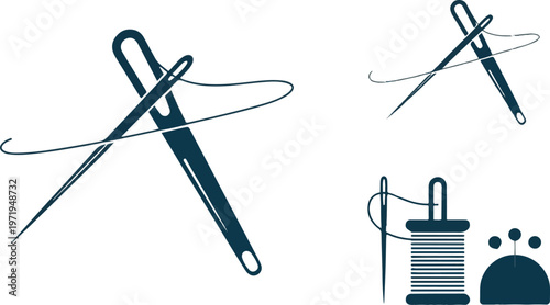 Sewing needle with thread and spool silhouette on transparent background.
