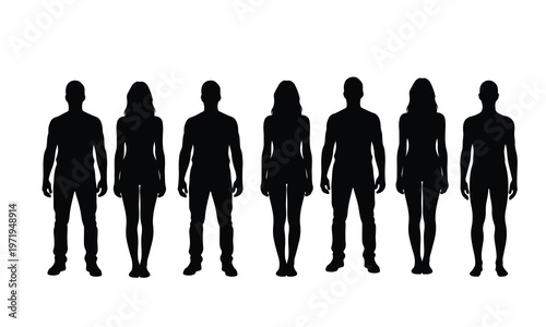 Diverse group of seven people, men and women, standing in silhouette against a white background, representing unity and equality.