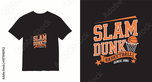 Slam dunk basketball since 1980 retro graphic design with net