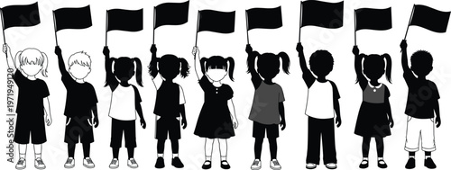 A row of diverse children silhouettes standing and holding blank flags up high for celebration, protest, parade, or international friendship day events.
