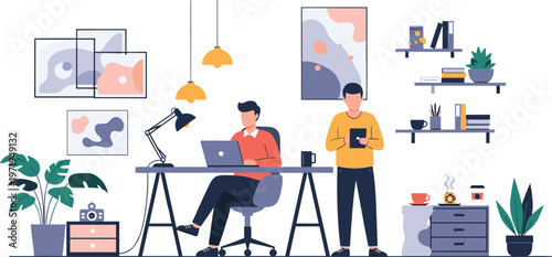 Modern Home Office Illustration with Remote Work Setup, Laptop Workspace, Indoor Plants and Casual Productivity Scene