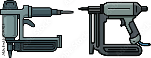 Two different pneumatic nail guns for heavy-duty construction tasks.