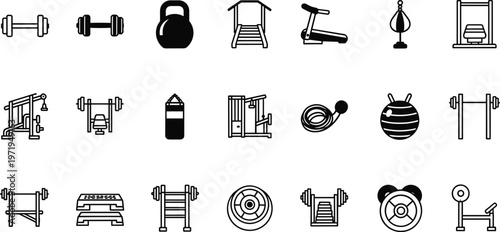 A collection of twenty-one high quality black line and silhouette gym icons featuring dumbbells kettlebell treadmill punch bag and various weightlifting fitness equipment.