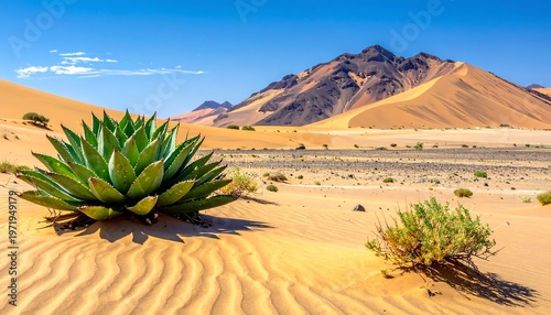 A desert landscape with a large green plant and a small shrub