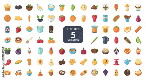 Keto Diet Food Variety Icons: Healthy Low Carb Meal Ingredients Collection