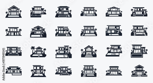 Modern Luxury Houses Icons Set. Contemporary Villa Architecture Collection