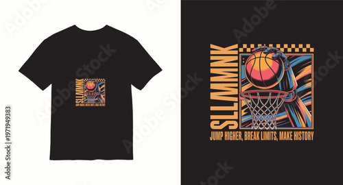 SLLMMNK basketball t-shirt design, robot hand dunking ball with energetic background