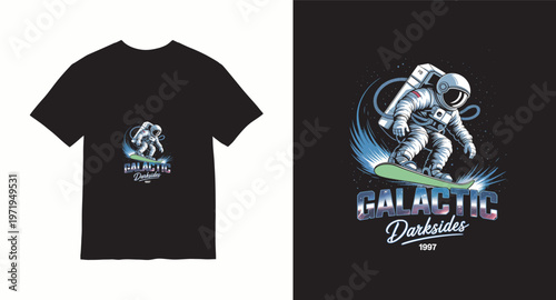 Galactic Darksides 1997 t-shirt design, astronaut snowboarding in space with cosmic background