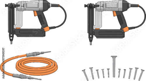 Industrial pneumatic nailer tool set with air hose and metal staples.