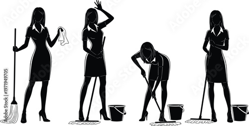 Silhouette set of professional cleaning lady mopping floors and wiping surfaces with buckets isolated on white background for domestic service,