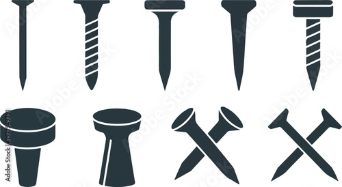 Various nail types and sizes on transparent background industrial fastener.