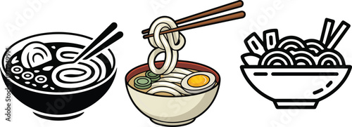 Assorted ramen and udon noodle bowls with chopsticks depicted.