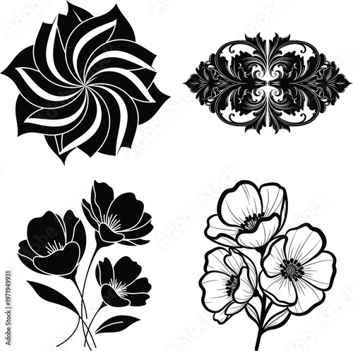 Black and white floral and patterns flowers leaves