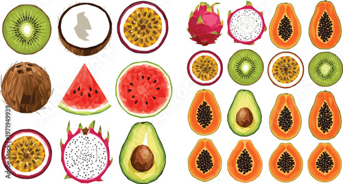 Exotic Tropical Fruit Collection Vector Illustration with Kiwi Coconut Dragon Fruit Papaya Avocado and Watermelon Slices Isolated on Transparent Background
