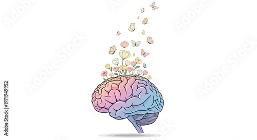 Colorful brain illustration with flowers and butterflies emerging