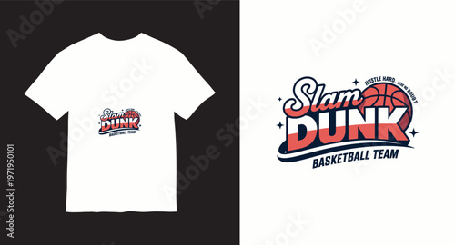 Slam dunk basketball team graphic with retro style typography and a basketball for sports related designs