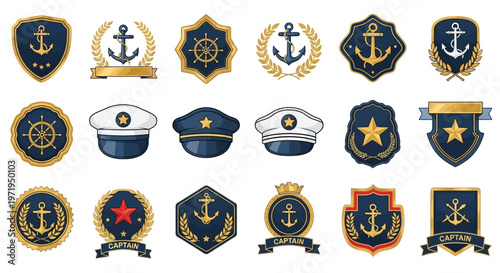 Nautical Badges and Emblems Collection: Anchors, Helmets, Caps, Stars
