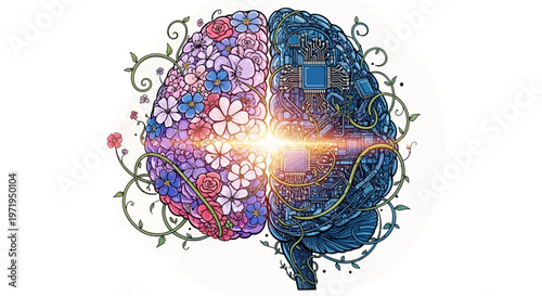 The brain combines floral nature with electronic circuits in a beautiful illustration.