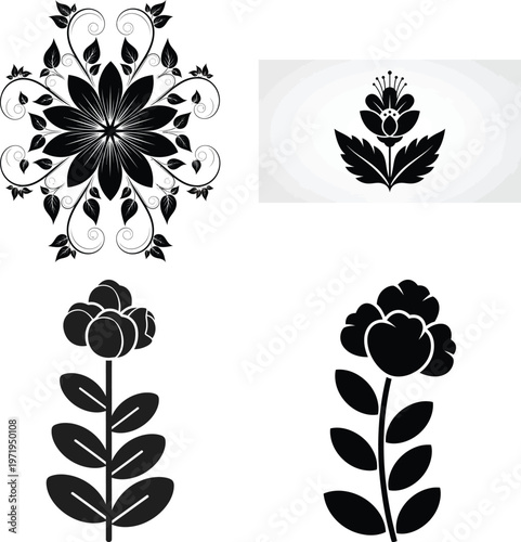 Black and white floral with leaves and stems flower leaf