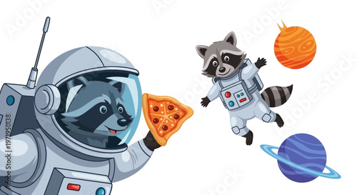 Raccoons in space suits play with pizza near planets and stars.