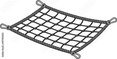 Netting with ropes and eye loops for securing cargo or safety.