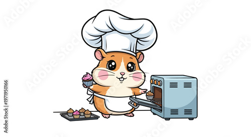 A cartoon hamster chef takes a cupcake from the oven with a tray nearby.