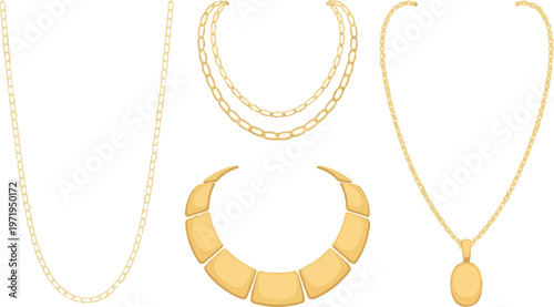 Assortment of gold necklaces and a statement collar on white background.