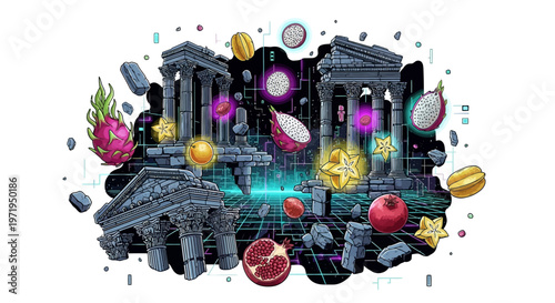 Ancient Greek temple ruins with colorful fruits and jewels floating in the air