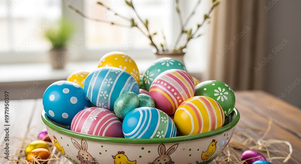Fototapeta premium Decorated easter eggs in a bowl with greenery on a wooden surface