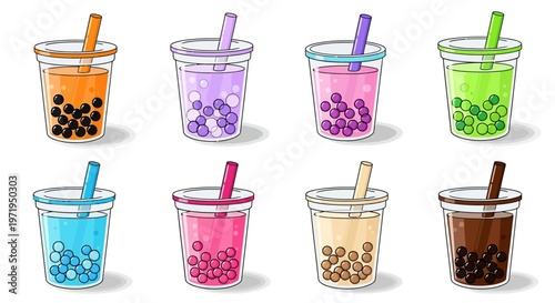 Colorful illustrations of bubble tea drinks in clear plastic cups with straws.