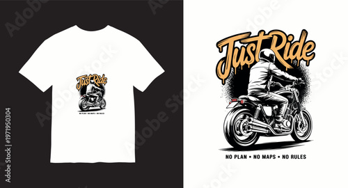 Just ride motorcycle vector graphic t-shirt design no plan no maps no rules biker on cafe racer motorcycle