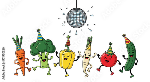 Vegetables dance under a shiny disco ball at a vibrant party celebration with fun.