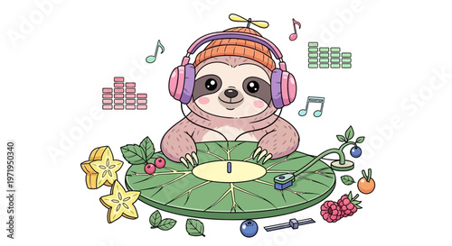 A cartoon sloth wearing headphones spins a record on a leaf surrounded by fruits and music symbols.