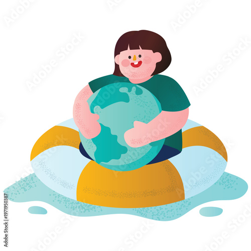 Planet Earth Illustration. Vector illustration of Person hugging the planet while floating on a ring, symbolizing care for the environment and global protection. Isolated on background