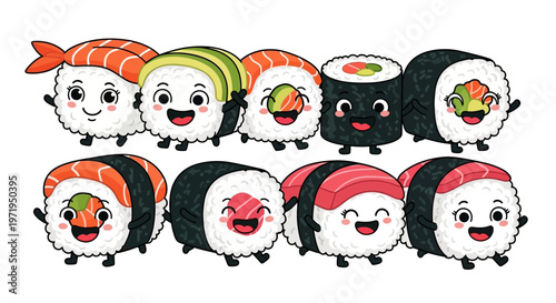 Cartoon sushi rolls and sashimi with smiling faces gathered on a white background.