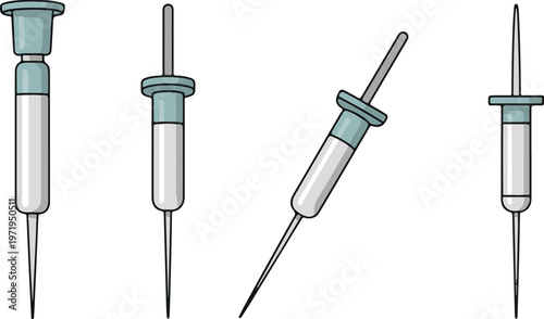 Medical syringes with needles in various positions and angles.