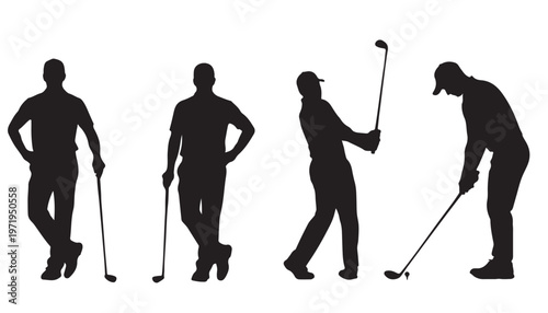 Group of male golfers in silhouette, displaying different postures from relaxed stances to powerful swings, embodying the essence of the game.