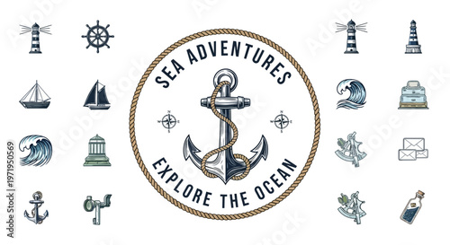 Nautical Emblem with Anchor, Compass, Lighthouse, Ship, Wave Icons