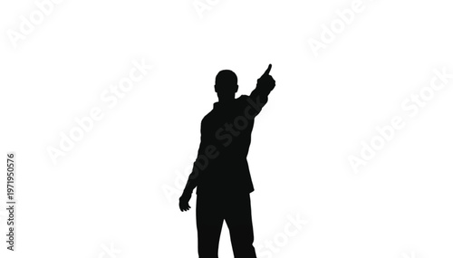 Silhouette of a man pointing upwards with his index finger against a white backdrop.