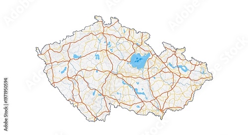 Czech republic map with roads and lakes isolated on white background
