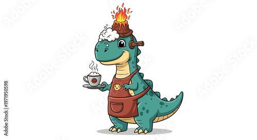 A cartoon dinosaur barista serves coffee with a volcano on its head in a cafe.