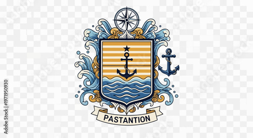 Nautical Emblem with Anchor, Compass, Waves, and Banner