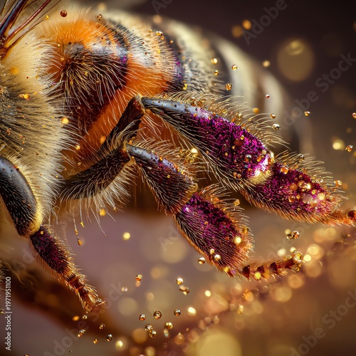 Macro Magic: Bee Legs Adorned with Glittering Pollen and Dewdrops