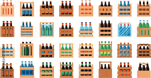 Illustration of beverage bottles in wooden crates with diverse packaging styles, colors, and shapes, symbolizing drink artwork, product design, retail creativity, and commercial projects