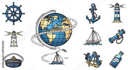 Nautical Icons: Globe, Ship, Lighthouse, Anchor, Helm, Spyglass, Cap