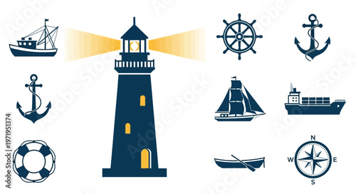 Nautical Icons: Lighthouse, Ships, Anchor, Wheel, Compass, Lifebuoy