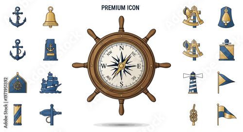 Nautical Icons: Compass, Ship Wheel, Anchor, Lighthouse, Flags, Bell
